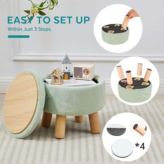 Small Foot Stool Ottoman with Storage, Soft Faux Fur Ottoman Foot Rest for Couch, Round Footstool with Storage, Small Ottomans and Footstools for Living Room and Entryway (Light Green)