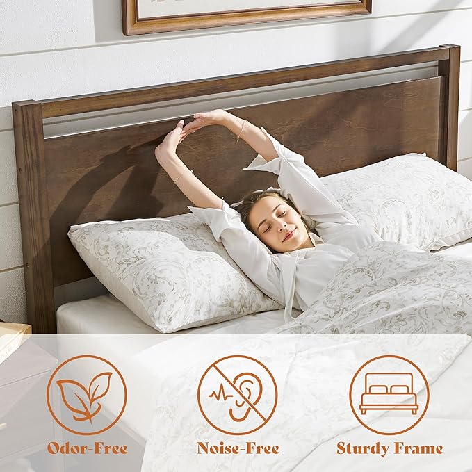 AMERLIFE Queen Size Solid Wood Bed Frame with Headboard, Minimalist Platform Bed with Wooden Slats Support/No Box Spring Needed/Easy Assembly/Noise-Free, Dark Brown