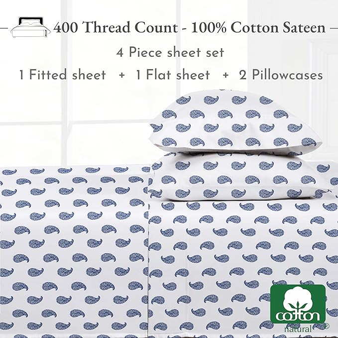 California Design Den Full Size Bed Sheets Set - 400 Thread Count Sateen, Natural 100% Cotton Sheets for Full Size Bed, Deep Pocket and Durable Bedding Set - Paisley Blue CaliforniaDesignDen