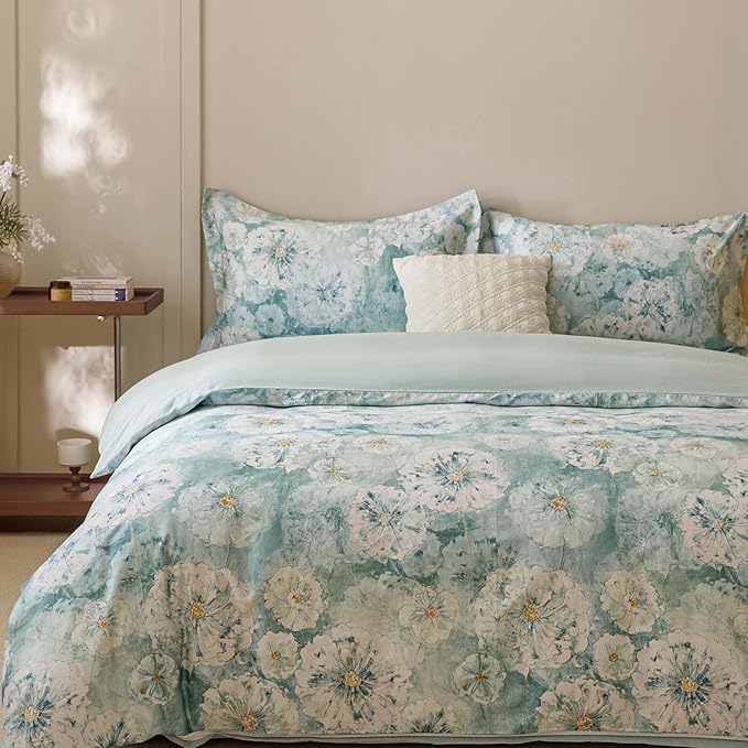 HeimenAogo Egyptian Cotton Duvet Cover King Sateen Weave, Silky Soft Duvet Cover with Zipper Closure, Long Staple Cotton Comforter Cover Watercolor Floral 3 Pcs