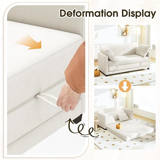 65" Convertible Loveseat Sofa Bed, 2-in-1 Folding Sofa Bed with 2 Pillow for Small Spaces, Modern Loveseat Sleeper Couch for Apartment, Living Room & Guest Room (Beige Chenille, 65 inch)