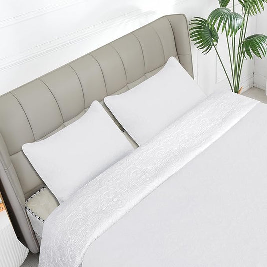 Easy-Going Twin Size Reversible Quilt Set with 1 Quilt and 1 Pillow Sham, Soft Bed Quilt Cover, Water Resistant Lightweight Microfiber Bedspread, Stain Resistant, Damask-White/White