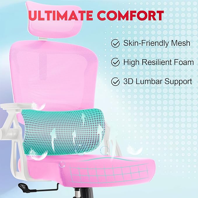 Ergonomic Office Chair - 400LB Comfy Desk Chairs with Adjustable Headrest and Lumbar Back Support, Mesh Computer Chairs with Wheels and Arms for Home Office, Study (218Pink-With Headrest)