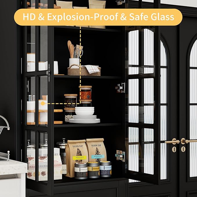 78.8" Tall Bookcase Display Storage Cabinet Hutch with Glass Doors & Drawers - Curio Display Bookshelf Kitchen Pantry for Home, Kitchen, Living Room.