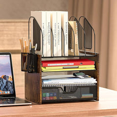 Wood Desk Organizer - 4-Tier Desktop File Organizer with Drawer, Wooden Paper Tray, Vertical File Holders & 2 Pencil Holders - Office Desk Organizer for Papers, Mail, Notebooks, Stationery