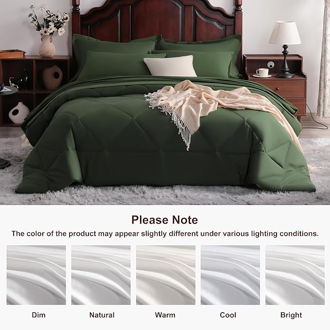 NTBAY King Comforter Set with Sheets, 7 Pieces Soft and Breathable King Bedding Set, Bed in a Bag, Down Alternative Comforter Set Solid Color All Season, King Bedding Set, Olive Green