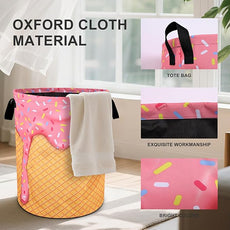 Pink Ice Cream Laundry Basket Foldable Oxford Cloth Tote Bag Laundry Hamper Clothes Storage Bucket Organizer For Bathroom/Laundry Storage/Bedroom 19.6x15.7 Inch