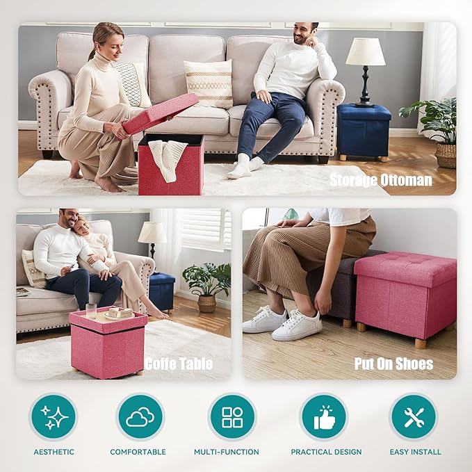 BRIAN & DANY Ottoman with Storage, Small Storage Ottoman for Dorm, Linen Folding Ottoman Foot Stool with Legs for Living Room and Bedroom, 15"x15"x15" - Hot Pink