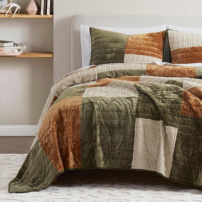 Wonderful Velvet Patchwork Quilt Set - Striped Channel Stitch Green Quilt King, Soft Corduroy Lightweight Comforter, Pet-Friendly, Tear-Resistant, Farmhouse Bedspread Bedding for All Season, 106"x94"