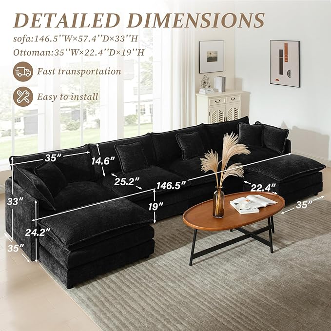 SoarFlash Chenille Sectional Sofa, Comfy L/U Shaped Modular Coush Sofa with Ottoman, Modern 4 Seat Couch Deep Seat Sofa Set for Living Room,Black