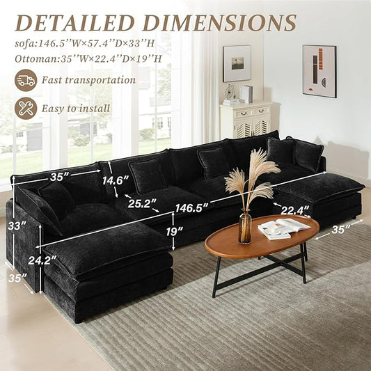 SoarFlash Chenille Sectional Sofa, Comfy L/U Shaped Modular Coush Sofa with Ottoman, Modern 4 Seat Couch Deep Seat Sofa Set for Living Room,Black