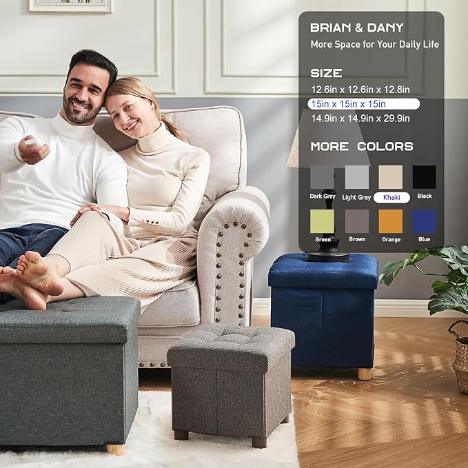 BRIAN & DANY 15 Inches Ottoman with Storage, Square Small Storage Ottoman Foot Rest with Legs, Ottomans Foot Stool for Dorm, Living Room, Entryway (Beige)