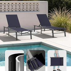 Ciokea Upgraded Aluminum Outdoor Lounge Chair - No Assembly Needed, Foldable Patio Chaise Lounge with 5 Adjustable Positions, Reinforced Frame for Extra Durability, Pool Beach Lounge Chair, Navy Blue