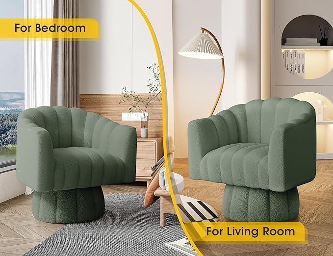 360 Degree Sherpa Swivel Cuddle Barrel Accent Sofa Chairs, Round Teddy Armchairs with Wide Upholstered, Furry Boucle Reading Chair for Living Room, Bedroom, Office, Waiting Rooms (Green)