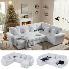 Modular Sectional Sleeper Sofa with Pull Out Bed, U Shaped 7 Seat Sectional Couches for Living Room, 110 Inch Sofa Bed with Armrest Pillows | Hidden Storage | USB Charging | Cup Holder, White