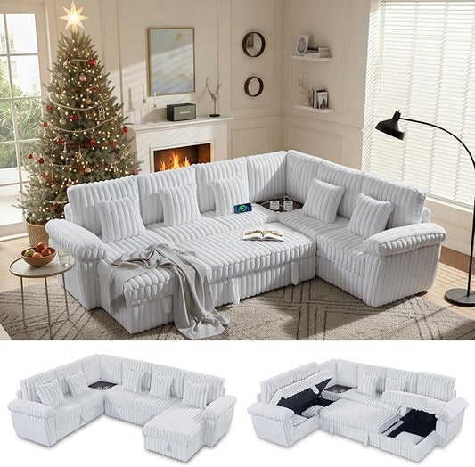 Modular Sectional Sleeper Sofa with Pull Out Bed, U Shaped 7 Seat Sectional Couches for Living Room, 110 Inch Sofa Bed with Armrest Pillows | Hidden Storage | USB Charging | Cup Holder, White