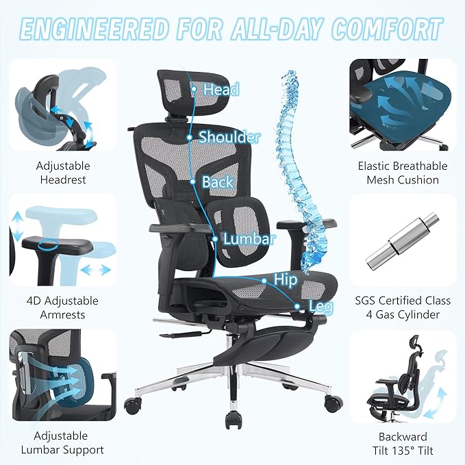 Ergonomic Office Chair, Gaming Chair, Office Chair, Mesh Gaming Chair, 880LBS, 5-Level Backrest Height & 4D Flip-Up Arms for Office, Home & Gaming Desk
