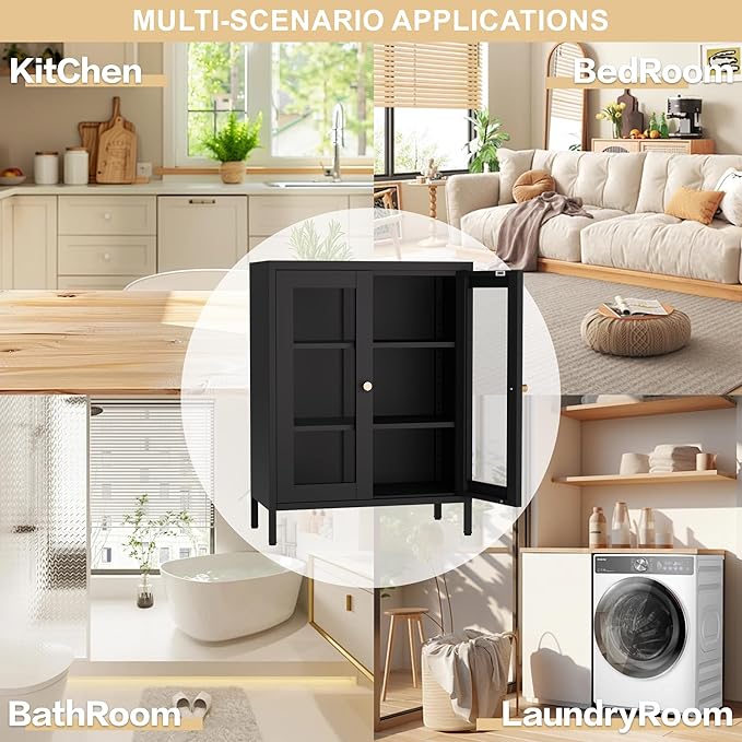 Metal Bathroom Storage Cabinet, Black Sideboard Cabinet with Glass Doors and Adjustable Shelves, Small Metal Cabinets for Kitchen, Living Room, Entryway,Office