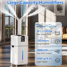 30L/7.93Gal Commercial Humidifier for Large Room 4200 sq ft, 3000mL/H Whole House Humidifiers with Supersized Cool Mist,Quiet Humidifiers for Bedroom, Home,Office, Plants, Warehouse