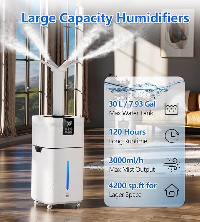 30L/7.93Gal Commercial Humidifier for Large Room 4200 sq ft, 3000mL/H Whole House Humidifiers with Supersized Cool Mist,Quiet Humidifiers for Bedroom, Home,Office, Plants, Warehouse
