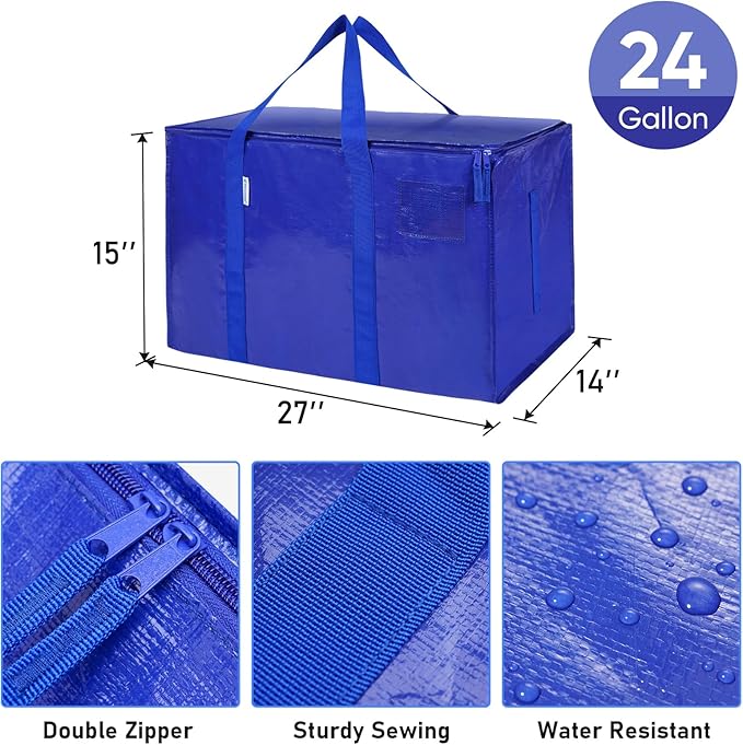 TICONN 8 Pack Extra Large Moving Bags with Zippers & Carrying Handles, Heavy-Duty Storage Tote Moving Boxes for Space Saving (8 Pack, Blue)
