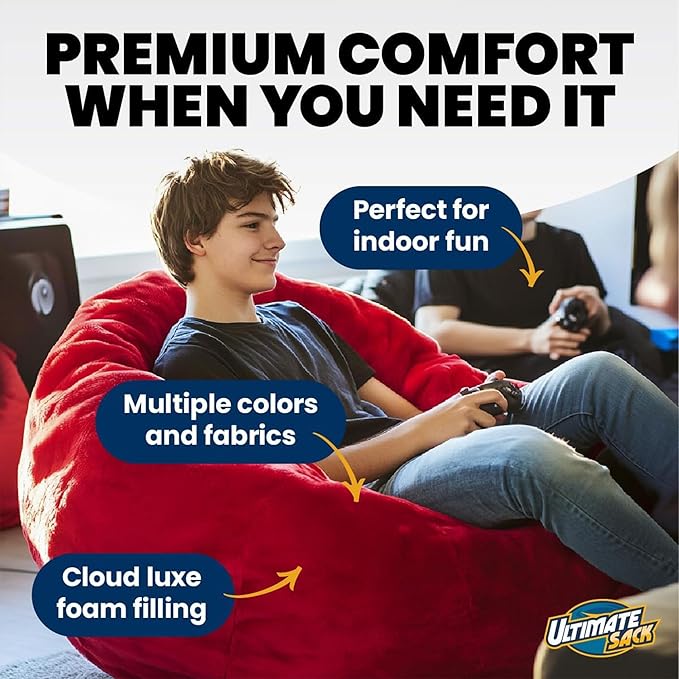 Ultimate Sack 6000 6-Foot Bean Bag Chair, Cloud Suede Cover – Oversized Foam Lounger, Floor Seat, Small Sofa, or Couch Bed for Living Area, Gaming Room, or Reading Lounge