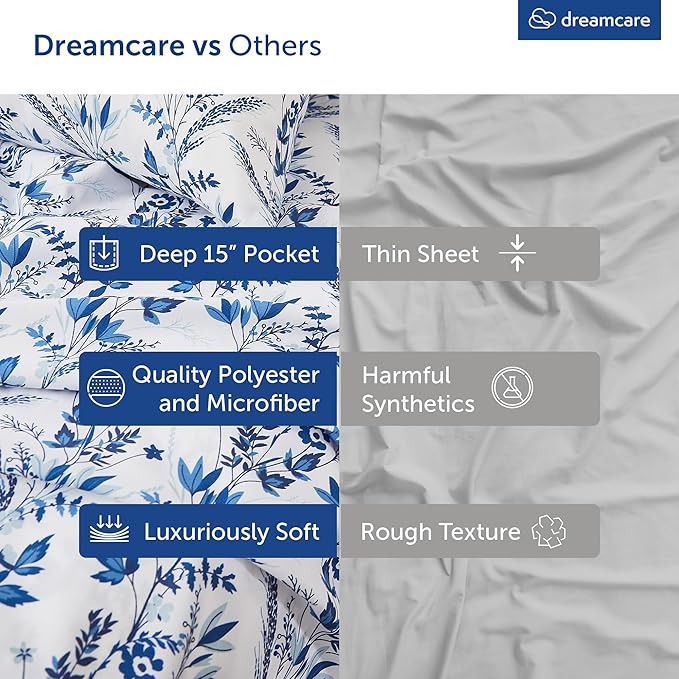 DREAMCARE Queen Size Sheets - Floral Sheets Queen Size Bed Set - 4pcs Queen Sheet Set - Cooling Bed Sheets - Queen Size Sheet Sets - Soft & Long Lasting 100% Brushed Floral Bed Set - Floral Blue DREAMCARE