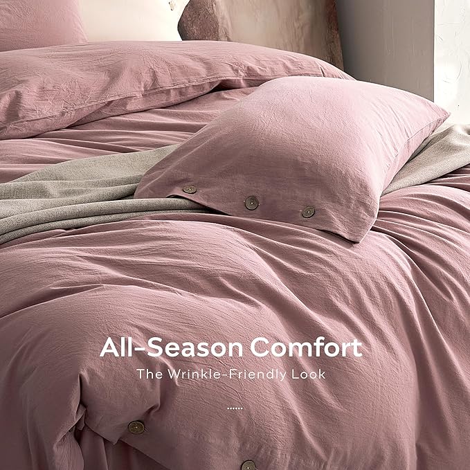 JELLYMONI 100% Washed Cotton Duvet Cover King – Soft, Breathable Linen-Look Bedding with Natural Wrinkle Texture, Button Closure, 3-Piece Set (Darker Rose, 104"x90")