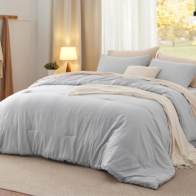 Bedsure California King Comforter Set, Light Grey Soft Prewashed Bedding for All Seasons, 3 Pieces GentleSoft™ Down Alternative Bed Set, 1 Lightweight Comforter (104"x96") and 2 Pillowcases (20"x36")