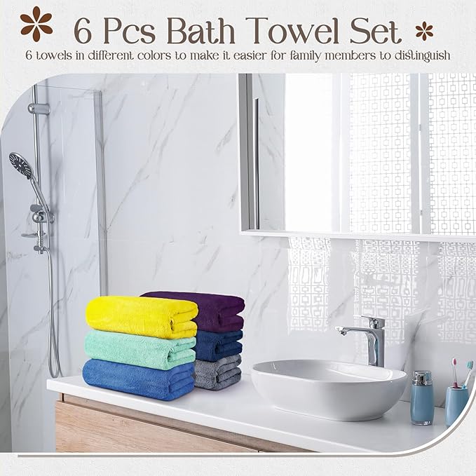 VitalCozy Set of 6 Large Bath Towels for Bathroom 28 x 55 Inches Soft Absorbent Shower Towels Bulk for Daily Use Gym Beach Pool Hotel(Fresh Color)
