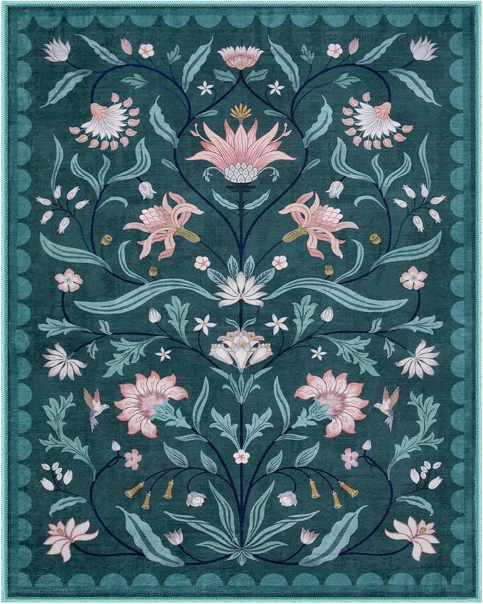 Lahome Boho Floral Washable Dark Teal 8x10 Area Rugs for Living Room, Non Slip Rugs for Bedroom, Ultra-Thin Indoor Throw Dining Room Carpet for Under Table Home Office Playroom(Dark Teal,8x10)