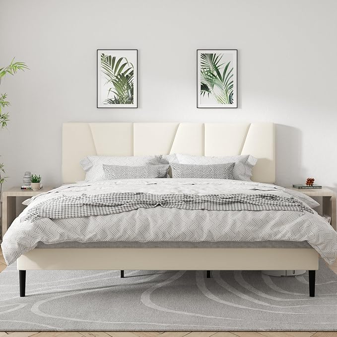 King Size Platform Bed Frame with Geometric Upholstered Headboard, Noise Free, Wooden Slats Support, No Box Spring Needed, Easy Assembly, Beige, Velvet