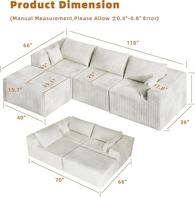 110" Cloud Couch Sectional for Living Room L-Shape Boneless Couches Modular Sectional Sofa with Deep Seat with Chaise,No Assembly Required, Carbon White(Plush Corduroy Fabric)