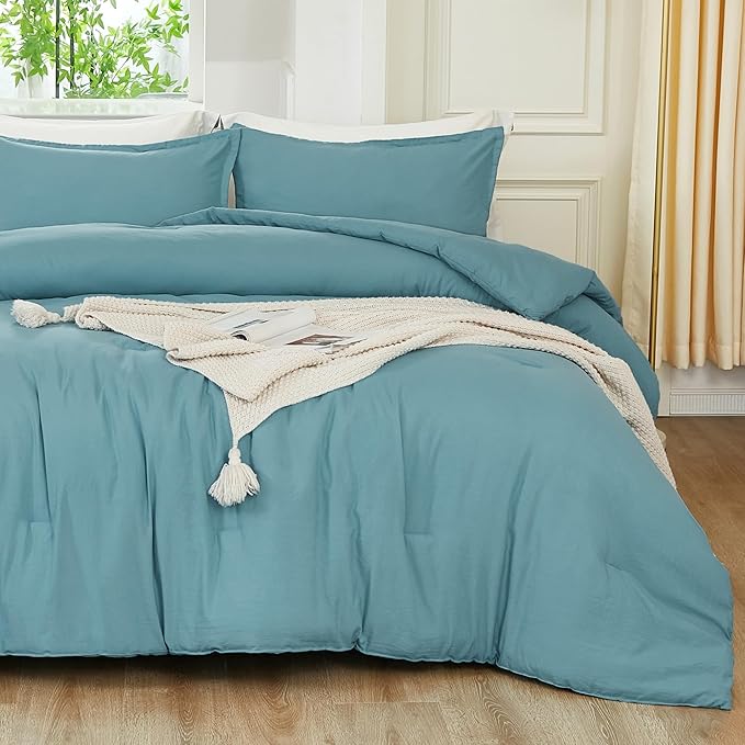 Litanika Comforter Set, Lightweight Solid Bedding Comforter Set, Fluffy Down Alternative Bed Set, Grayish Teal, California King