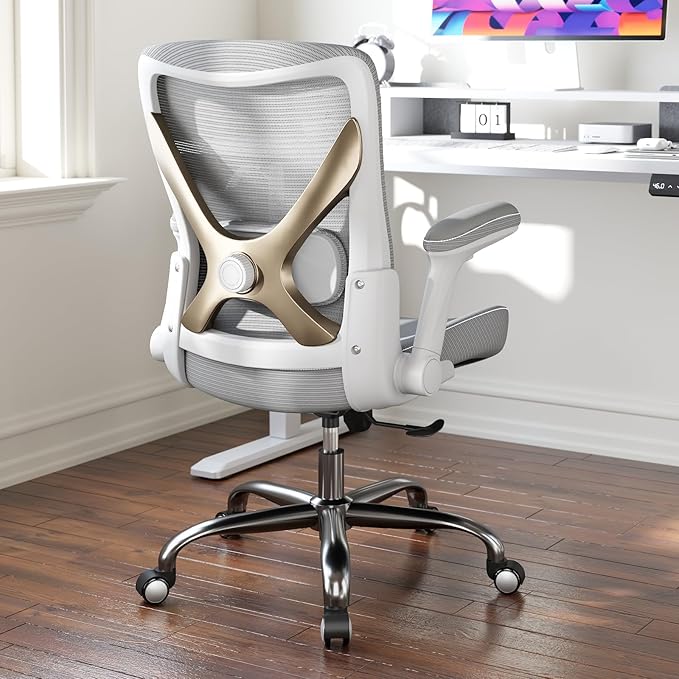 Office Home Ergonomic Desk Chair-Computer X-Shaped Chair Mesh PU Leather with Adjustable Lumbar Support-Executive Chair High Back Flip-Up Arms for Long Hours (Grey-No Headrest)