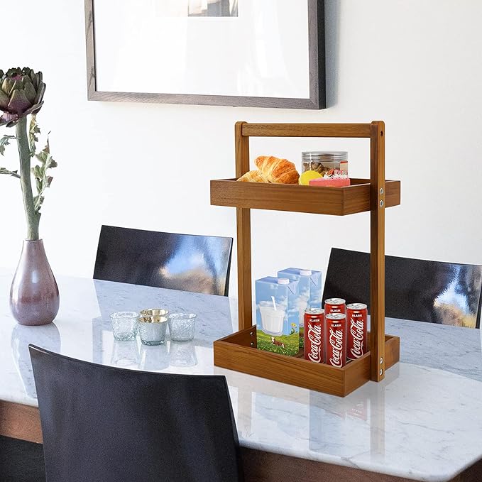 Utoplike Teak Wood Shower Caddy Corner, 2 Tier Bathroom Organizer Countertop, Standing Shower Rack with Handle, Stand Up Shower Basket for Shampoo, Shelf Rack for Inside Shower, Kitchen Desktop