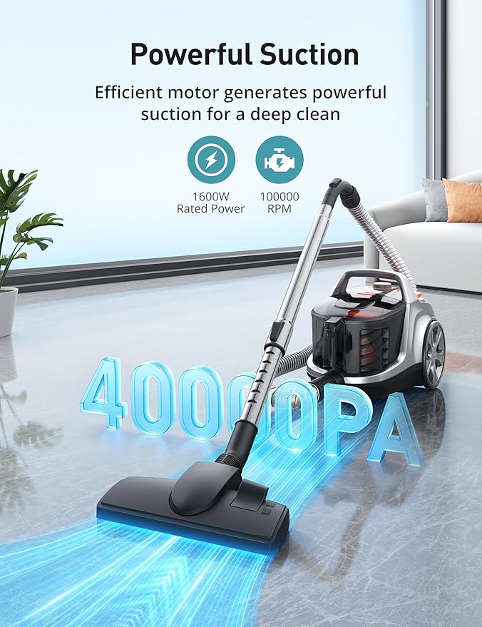 Aspiron Canister Vacuum, Upgraded 1600W Bagless Canister Vacuum Cleaner, Auto Cord Rewind, H13 HEPA Filter, 4Qt Large Capacity, 5 Tools for Hard Floors, Carpet, Pet, Upholstery, Tiles, Apricot