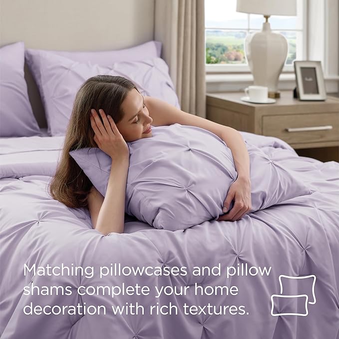 Bedsure Full Comforter Set Light Purple - Bed in a Bag Full Size Bedding Set 7 Pieces, GentleSoft™ Pintuck Bed Set Gift for Family, Pinch Pleat All Season Comforter with Sheets, Pillowcases & Shams
