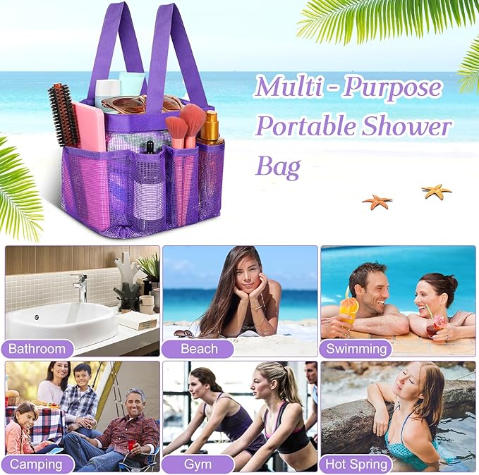 Hillban 4 Pcs Mesh Shower Caddy Portable Large Quick Dry Shower Caddy Basket with Deeper 8 Pockets and 2 Handles Hanging Bag for College Dorm Room (Purple)