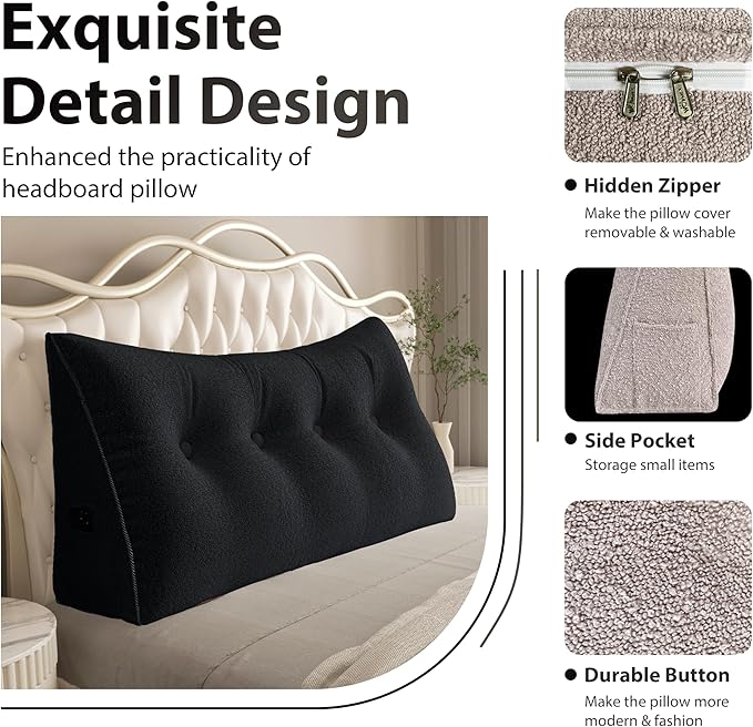 10 lbs Thickened Wedge Pillow Headboard Body Positioner Bed Wedge Pillow Backrest Support Triangular Headboard Pillow for Sleeping with Side Pocket Velvet Positioning Support Velvet Black Full