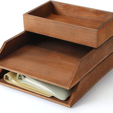 3 Pcs Wooden Letter Trays, Wood Letter-Size Desk Organizer, Heavy Duty 3 Tier Stackable Support Paper Tray Tabletop Inbox Drawer Desktop Organizer for File Folder Magazine Office(Brown)