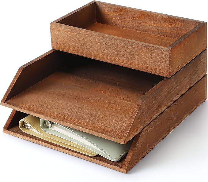 3 Pcs Wooden Letter Trays, Wood Letter-Size Desk Organizer, Heavy Duty 3 Tier Stackable Support Paper Tray Tabletop Inbox Drawer Desktop Organizer for File Folder Magazine Office(Brown)
