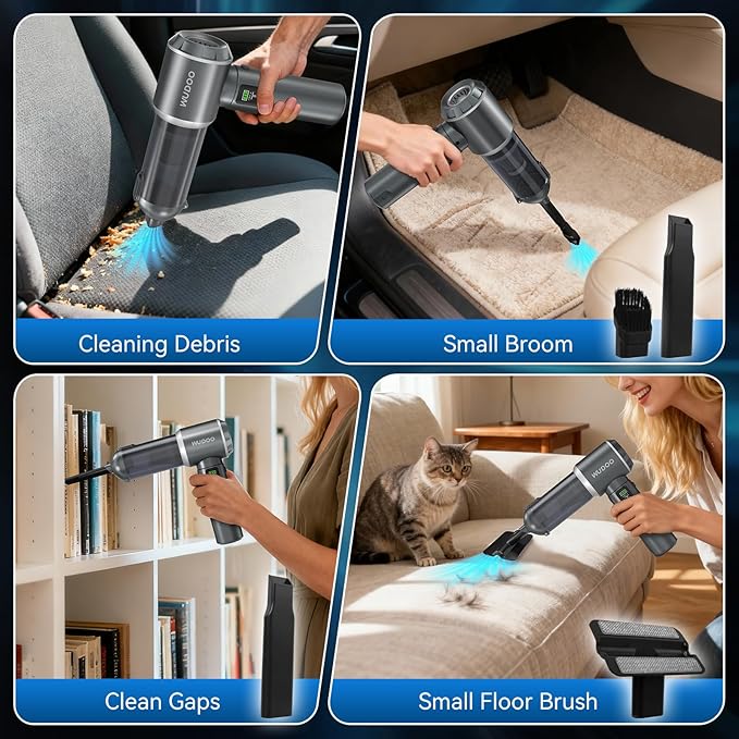 WUDOO-5-in-1 Car Vacuum Cleaner Portable Cordless Dust Remover 20,000 Pa Powerful Handheld Cordless Charging Vacuum with Flashlight Function Supports Fast Charging and LED Display