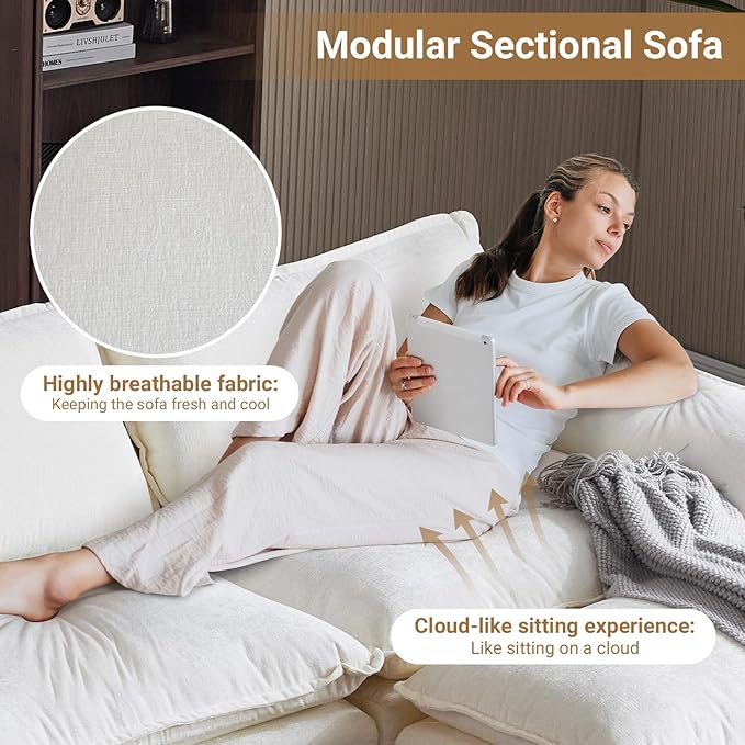 VINGLI 122" Cloud White/Cream Convertible Sectional Sofa, Comfy U-Shape Extra Deep Seat Sofa Couch for Living Room,Modern Chenille 3-Seat Convertible Sofa with 2 Movable Ottomans for Small Space