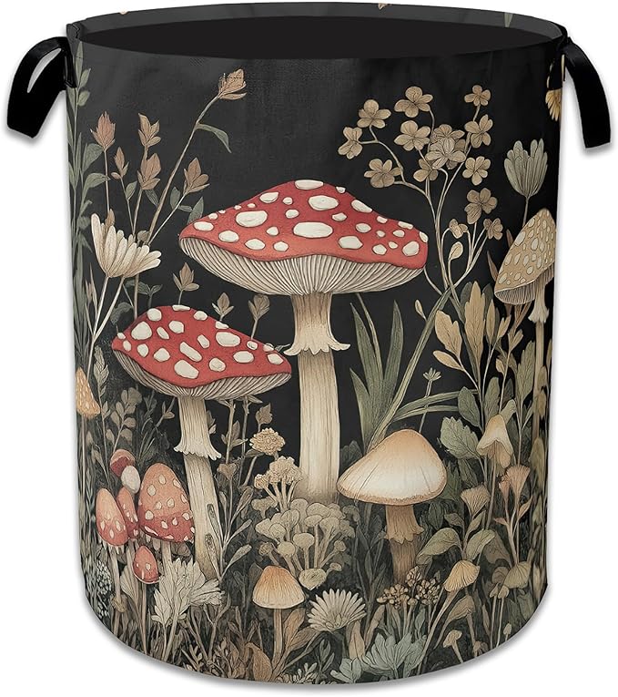 Red Mushrooms Laundry Basket,Foldable Waterproof Oxford Cloth Tote Bag Wildflower Plant Berries Laundry Hamper with Handles,20.8"x16" Clothes Storage Bucket Organizer for Laundry Room Bathroom Bedroom