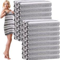 16 Pack Microfiber Bath Towels Bulk 27'' x 60'' Oversized Size Bath Towel Highly Absorbent Extra Large Soft Drying for Shower Beach Winter Salon Sport Gym Party (Stripes,Grey)