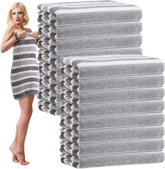 16 Pack Microfiber Bath Towels Bulk 27'' x 60'' Oversized Size Bath Towel Highly Absorbent Extra Large Soft Drying for Shower Beach Winter Salon Sport Gym Party (Stripes,Grey)