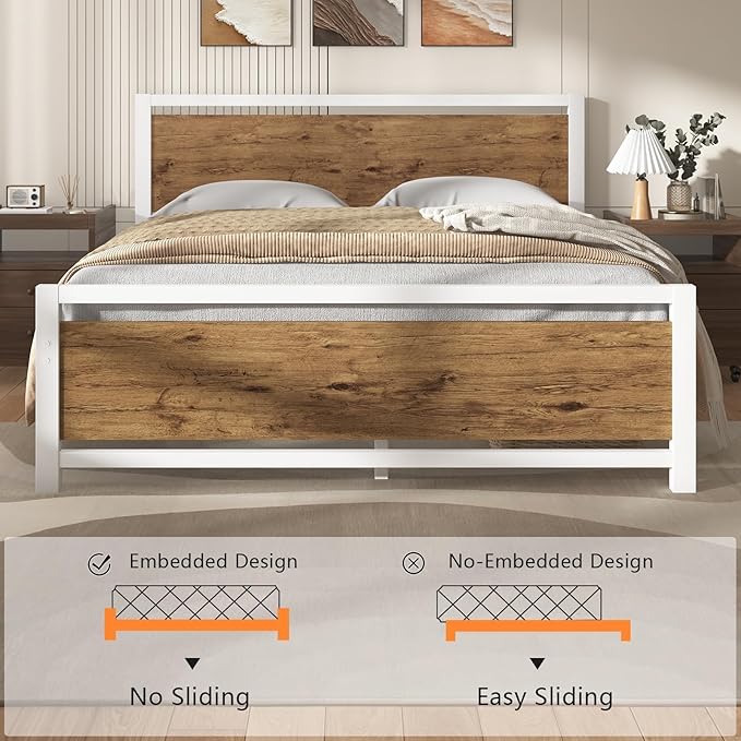 Bed Frame Queen Size, Queen Bed Frame with Headboard, Queen Size Bed Frame with Wooden Footboard, Industrial Style, No Box Spring Needed, Noise-Free, Easy Assembly, White Brown