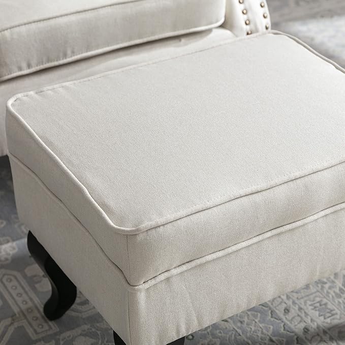 Accent Chair with Ottoman Modern Button Tufted Armchair Wingback Club Chair Linen Fabric Single Sofa Lounge Chair with Pillow for Living Room Bedroom, Beige