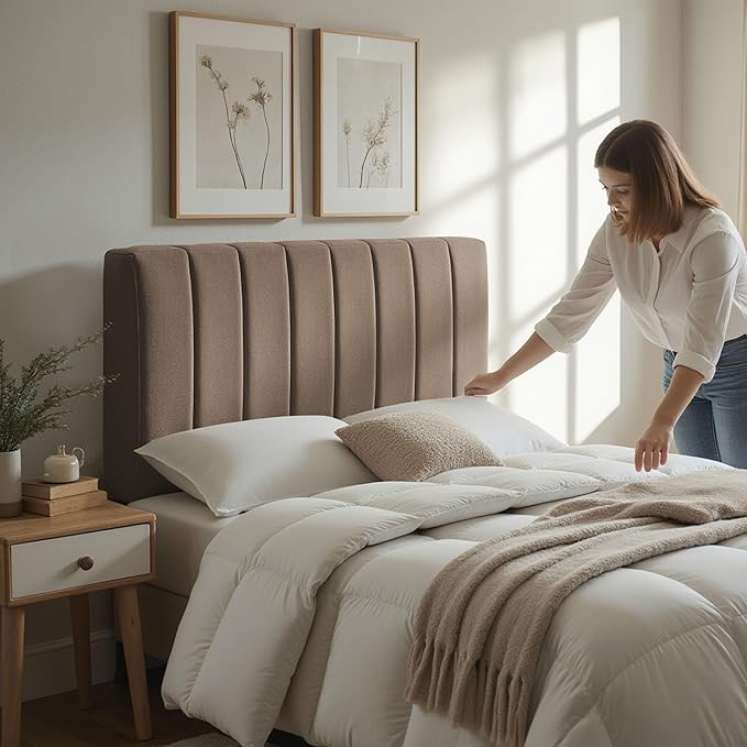 Hearth & Harbor Upholstered King Headboard - Easy Assemble Channel Stitched Headboard King Size Bed - Wall Mounted Headboards with 3D Soundproof Wall Panels Peel & Stick Floating Headboards, Mocha